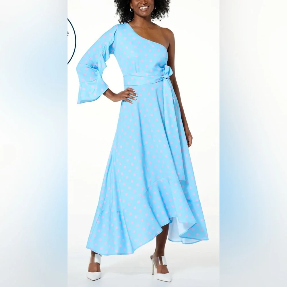 One-Shoulder Blue and Pink Long Polka Dot Dress - Picture 1 of 5